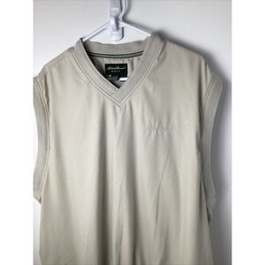 Men's Large EDDIE BAUER GOLF Beige Tan 100% Polyester Sleeveless Vest W/pockets